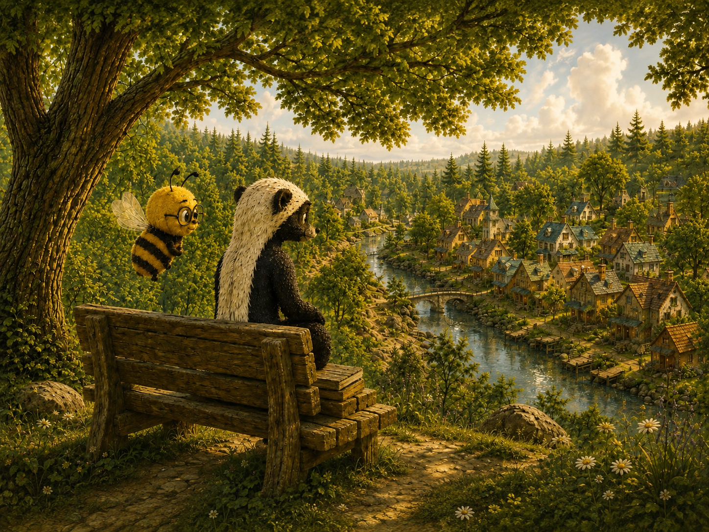 Tucker the badger and Dot the bee look out over their woodland village from a hilltop bench