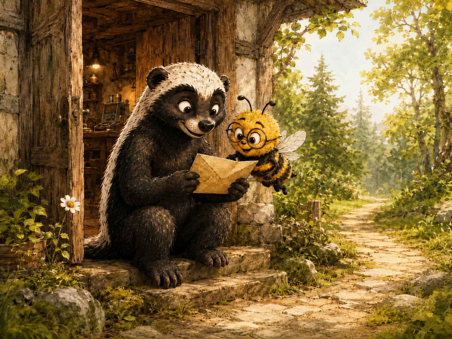 Tucker the badger and Dot the bee reading a letter outside their woodland workshop