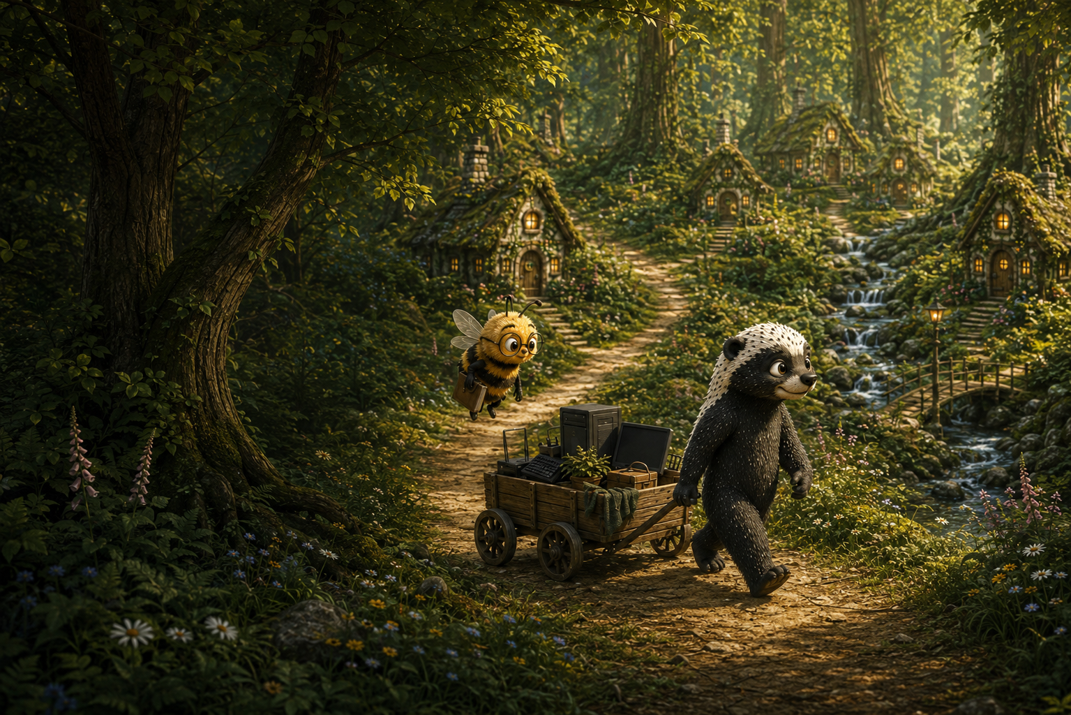 Tucker pulls a wagon of computers through a woodland village while Dot flies nearby.