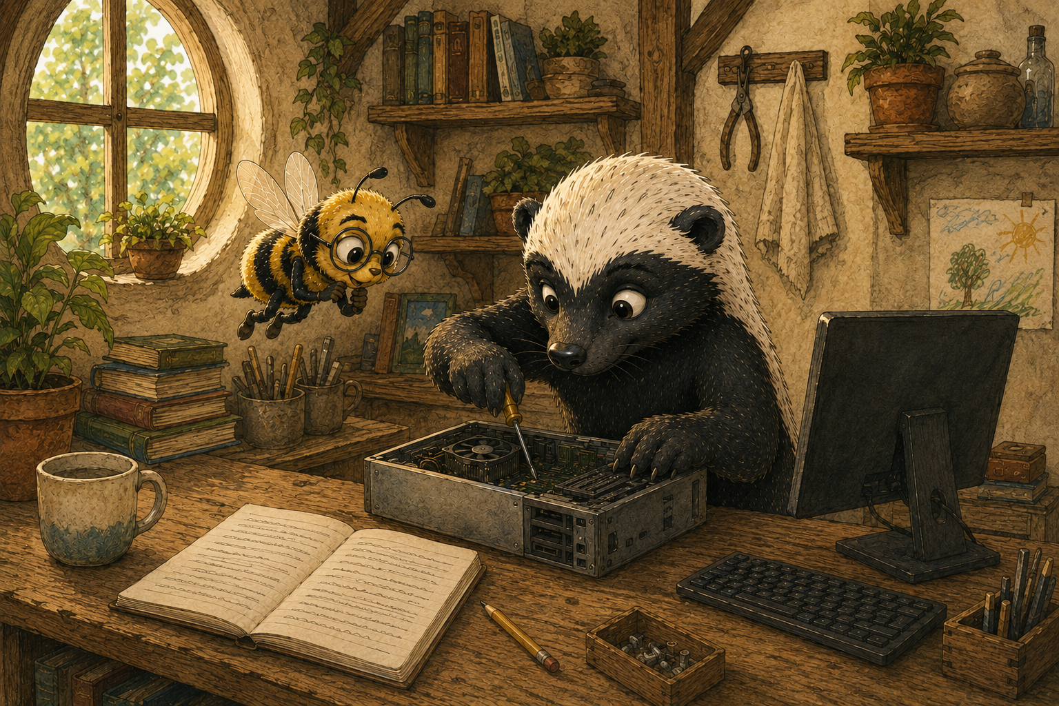 A bee and badger repairing a computer together in a cozy workshop